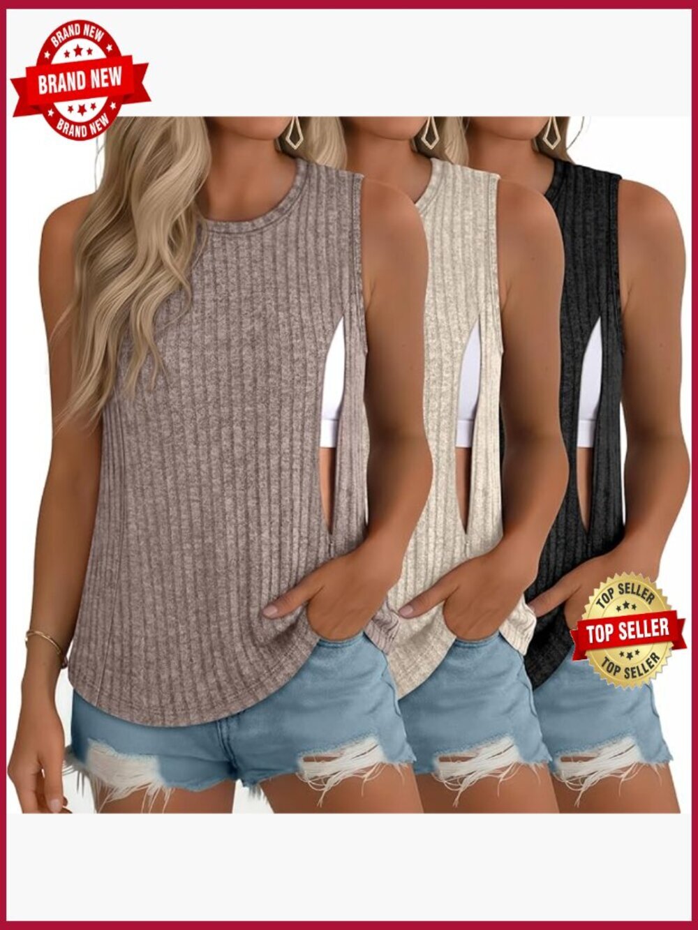 3 Pack Nursing Tank Tops Hidden Zip Ribbed Sleeveless Maternity Postpartum